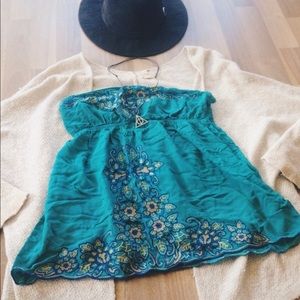 F21 Teal Strapless Embroidered Top